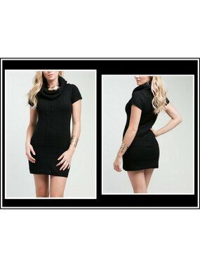 New Black Ambiance Apparel M Cowlneck Short Sleeve Cable Knit Sweater Dress